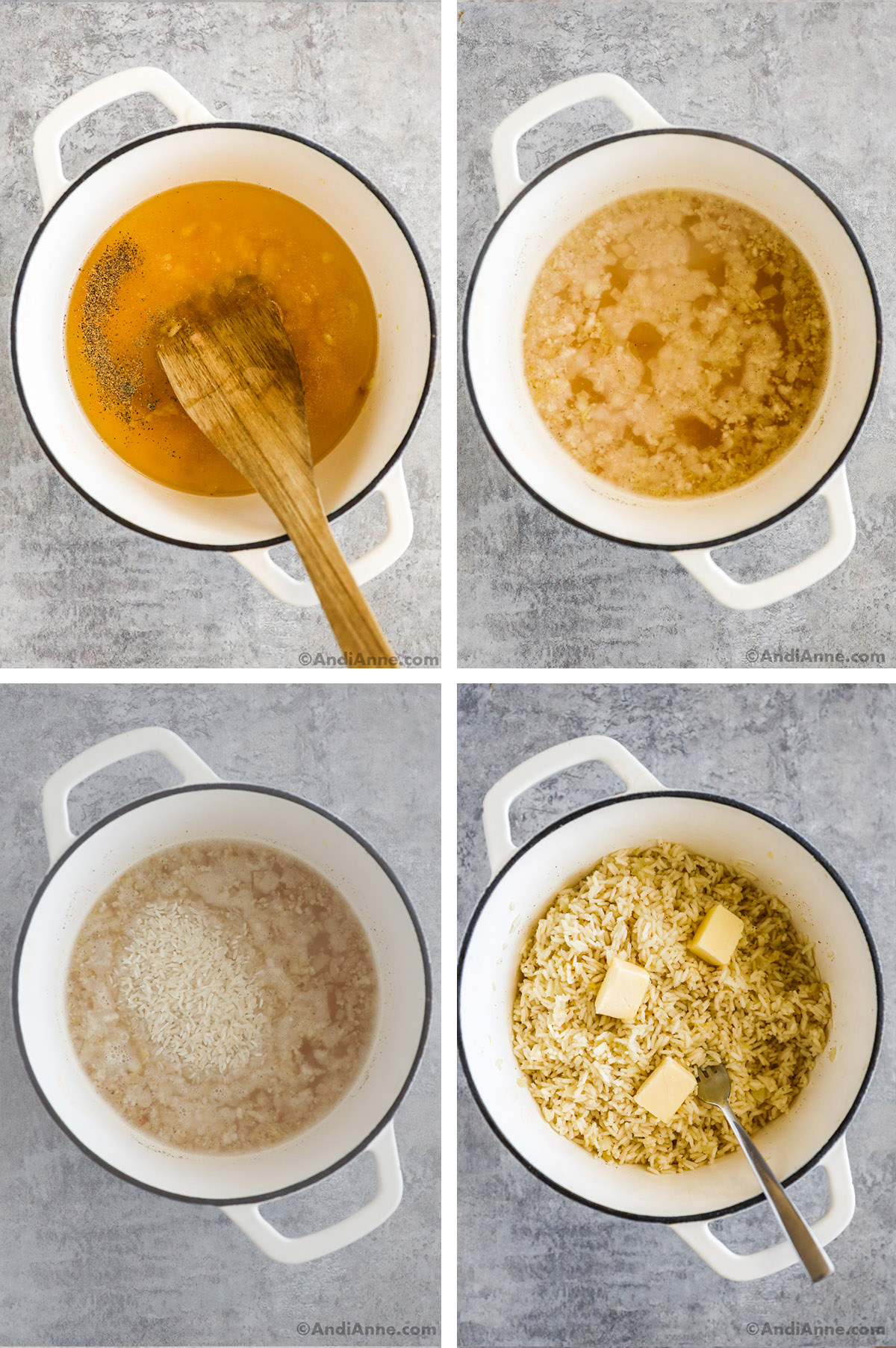 Four images of a white pot showing steps to make recipe. First is broth with pepper and a wood spatula. Second is liquid mixed with chopped onion. Third is rice added to broth. Fourth is cooked rice with chunks of butter and a fork.