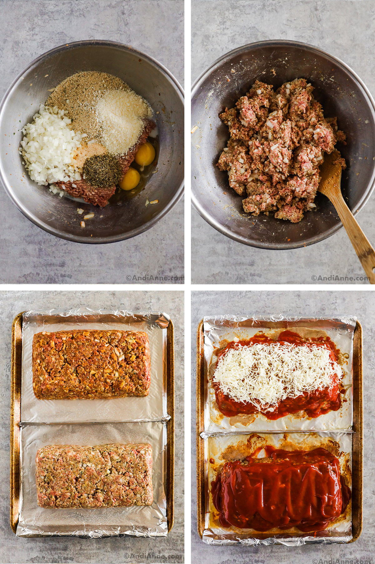 Four images of steps to make recipe. First is bowl with meatloaf ingredients dumped in. Second is ground beef meatloaf mixture in bowl all mixed together. Third is two raw meatloaves on a baking sheet. Fourth is spaghetti sauce and mozzarella cheese spread on to meatloaves.