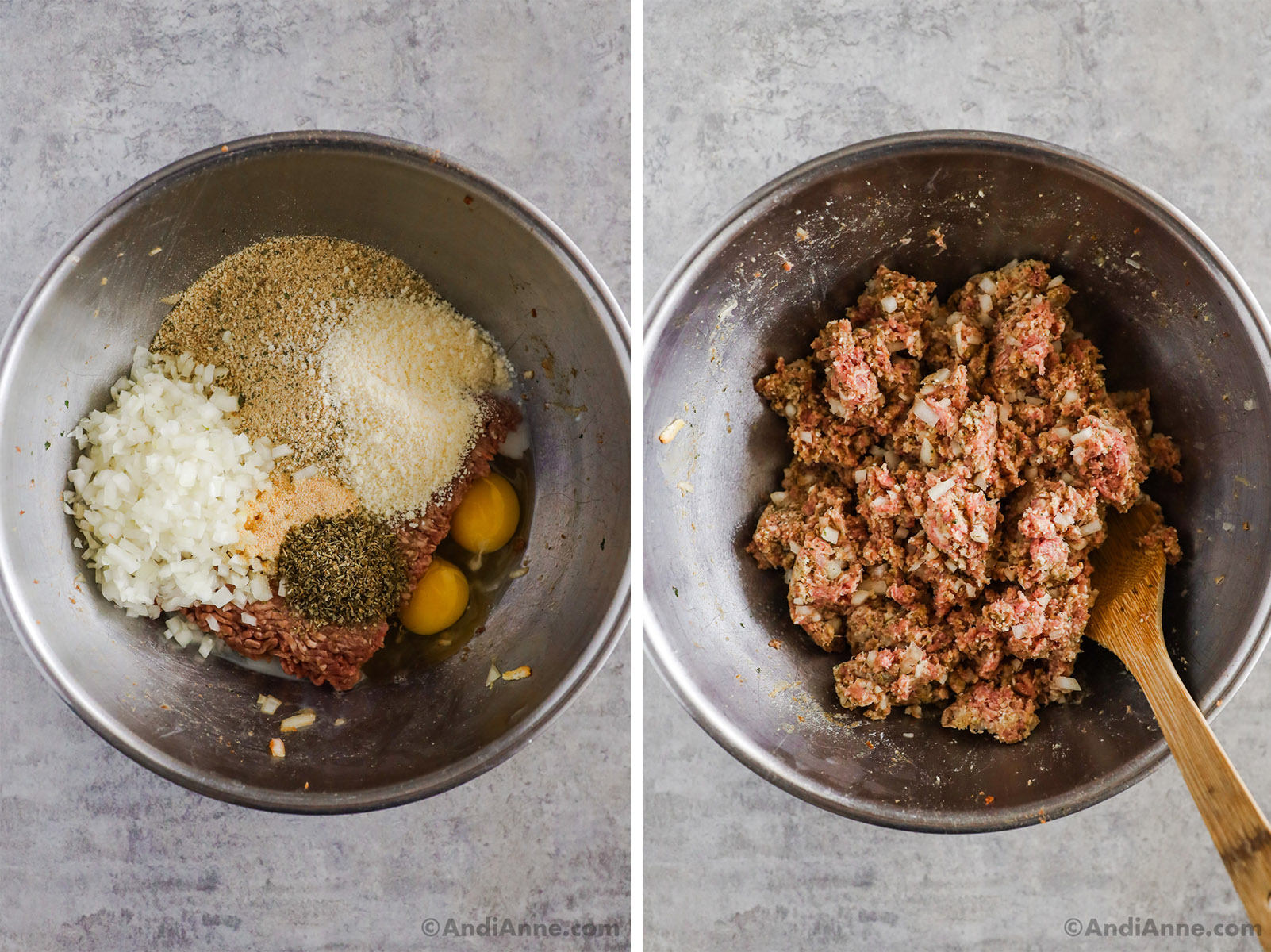 Two images of a large steel bowl, first with ingredients to make meatloaf dumped in. Second with meatloaf ingredients mixed together.