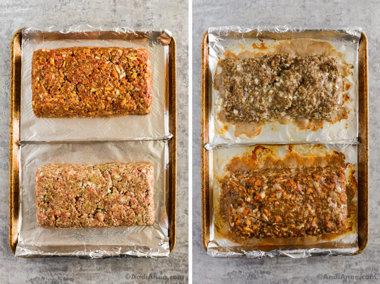 Two images of a baking sheet, first with two raw meatloaves, second with two baked meatloaves.