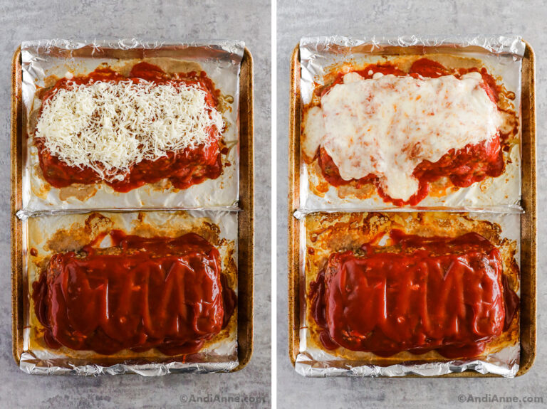 Two images of a baking sheet with two meatloaves covered in sauce and melted cheese.