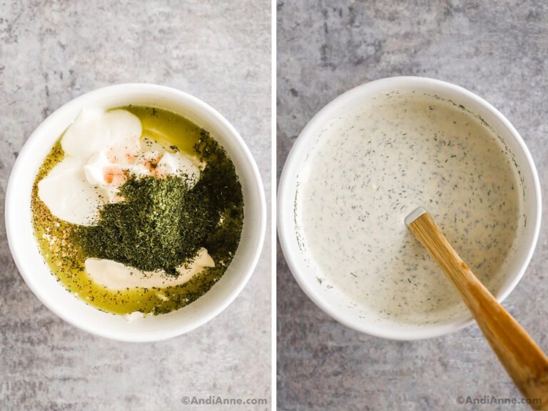 Two images of a white bowl, first with dressing ingredients dumped in. Second with creamy dressing mixed together.