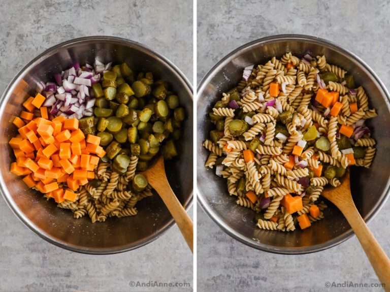 Two images of a large bowl. First is pasta, cheese, onion and pickles dumped in. Second is salad ingredients mixed together.