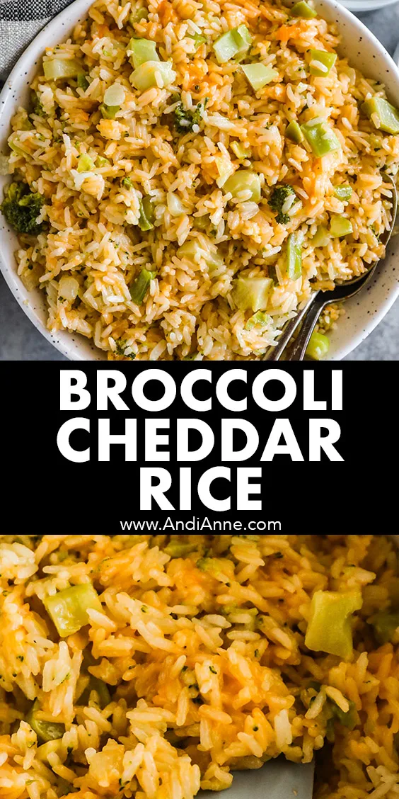 Broccoli cheddar rice recipe close up in a bowl.