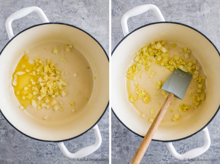 Two images of a white pot with garlic, butter and oil inside.