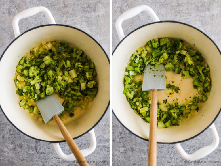 Two images of a white pot with frozen broccoli inside.