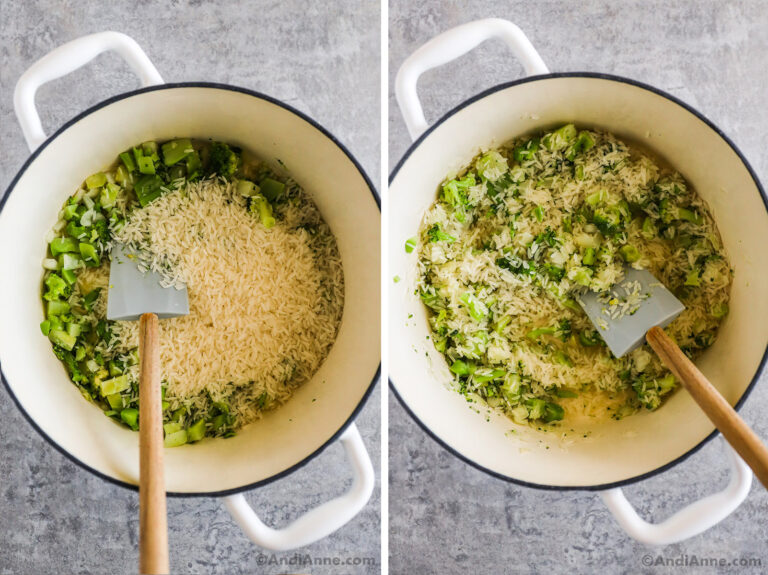 Two images of a white pot with frozen broccoli and rice, first one unmixed, second is mixed.