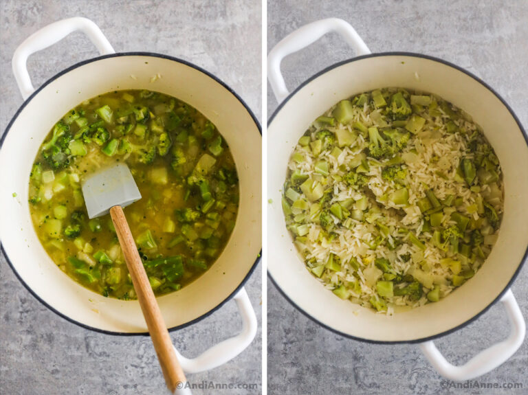 Two images of white pot with broccoli, rice and broth liquid.