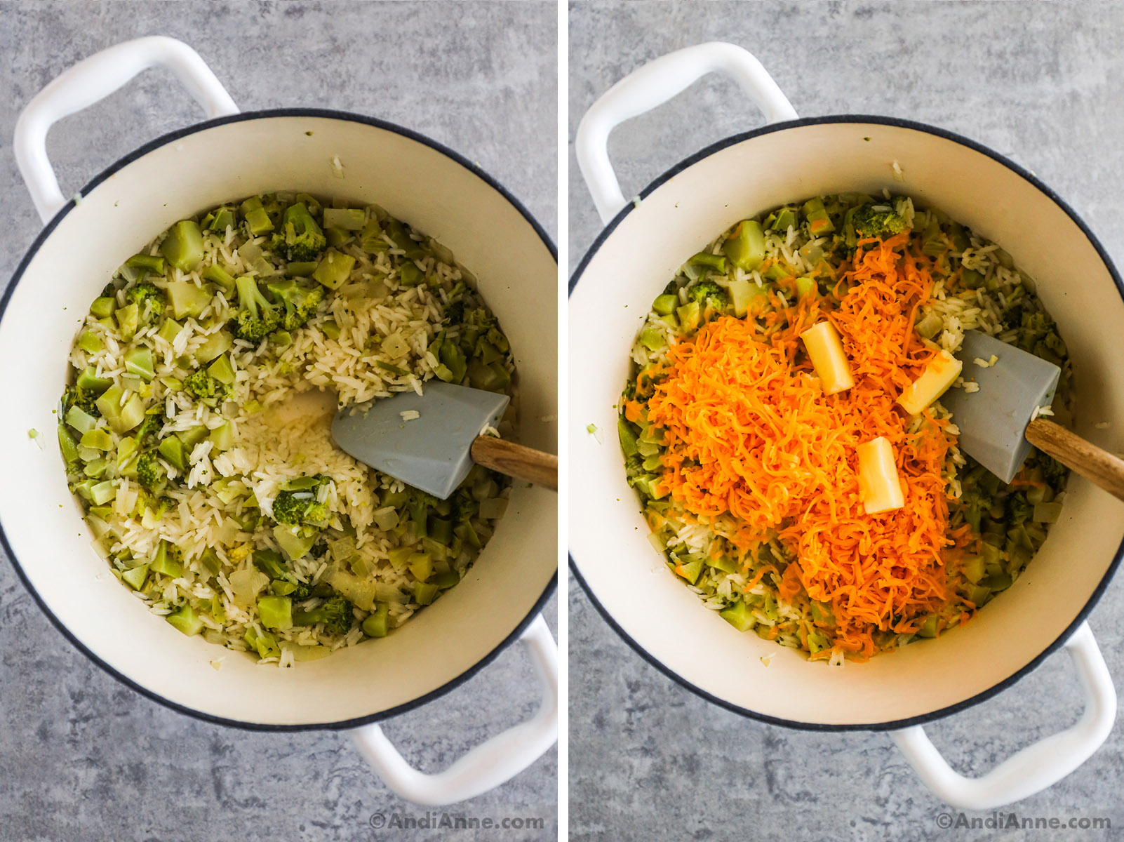 Two images of a white pot, first with cooked rice and broccoli, second with cheese and butter dumped on top.