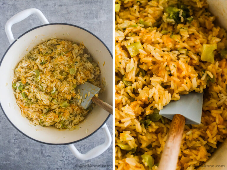 Two images of broccoli cheddar rice.