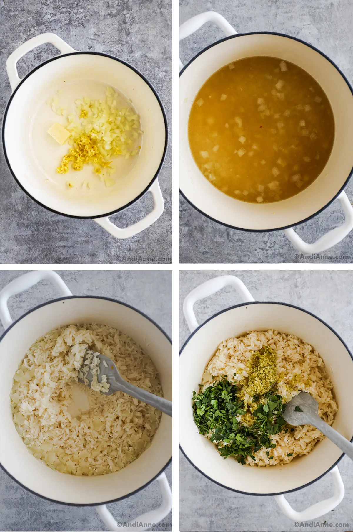 Four images showing steps to make recipe. First is garlic, onion and butter in a pot. Second is onion and broth in a pot. Third and fourth are cooked rice, one with zest and cilantro added.