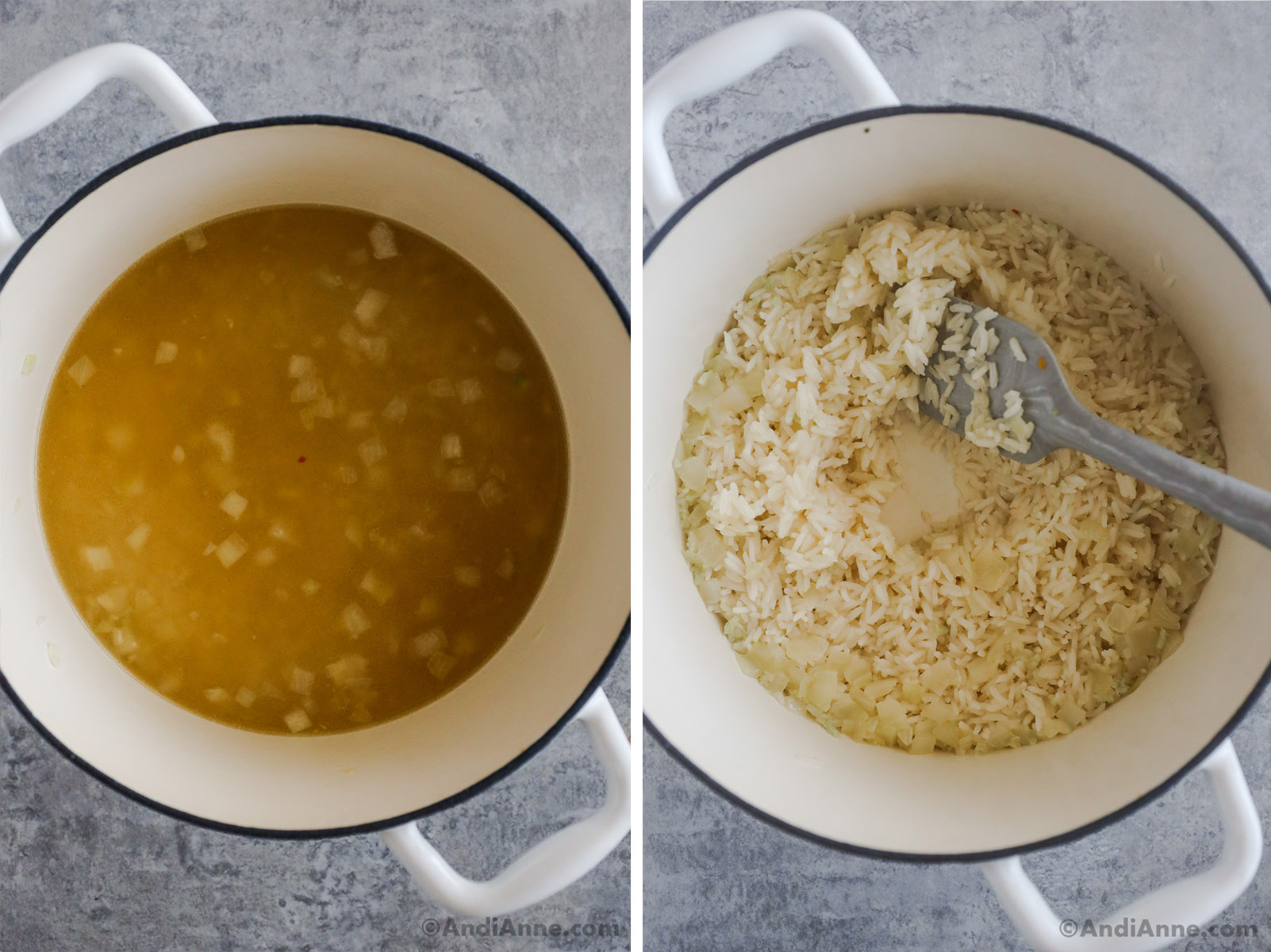 Two images of a white pot, first with broth and onion, second with cooked rice.