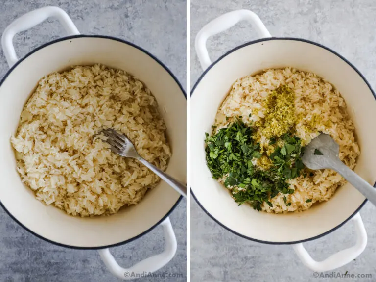 Two images of a white pot, first with rice and a fork. Second with chopped cilantro dumped on top.
