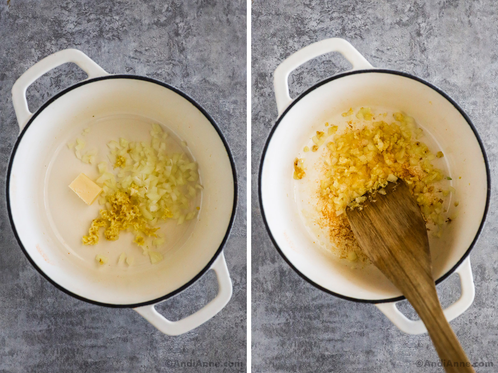 Two images of a white pot, first with raw onion and garlic dumped in. Second with cooked onion garlic.