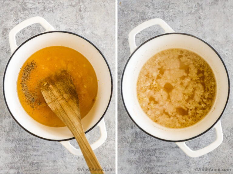 Two images of a white pot. First with broth added. Second with uncooked rice mixed in,