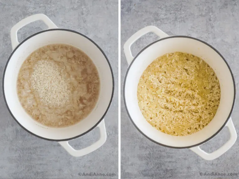 Two images of a white pot. first with raw rice, second with rice cooked.
