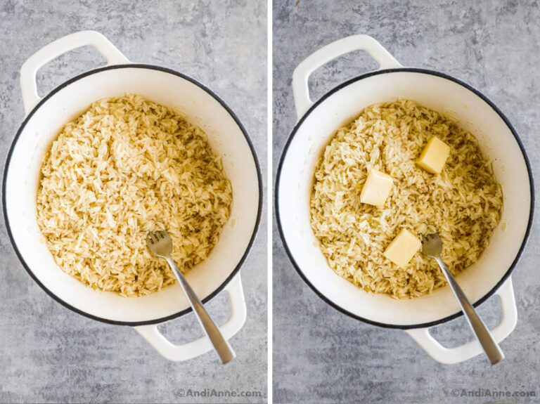 Two images of a white pot, first with fluffed rice. Second with chunks of butter on top of rice.
