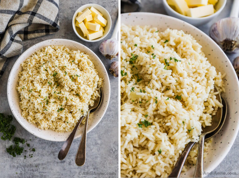 Two images of a white bowl, both with cooked garlic butter rice and two spoons. Sprinkled with a bit of parsley garnish.