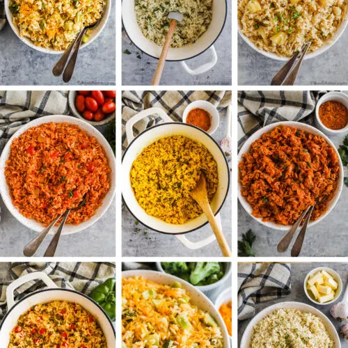 9 images of various rice flavors, all in white bowls and white pots.