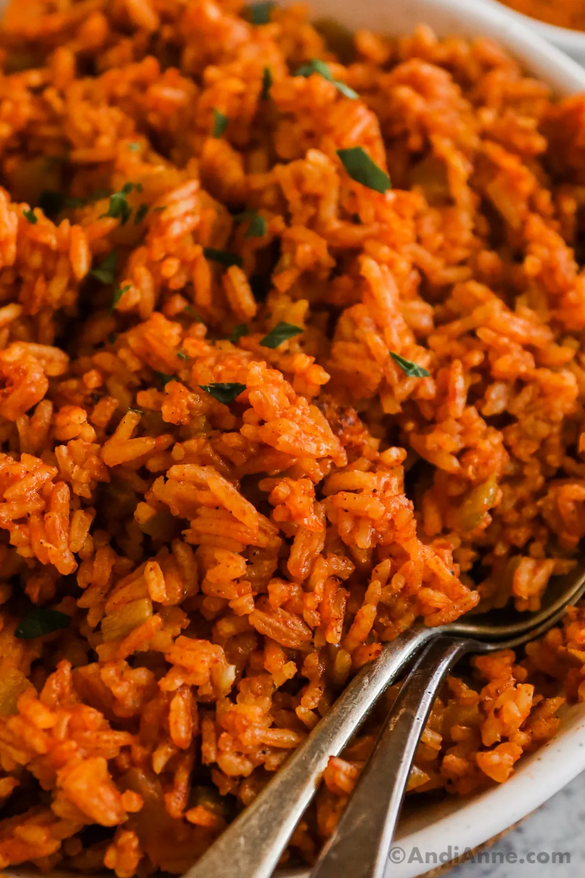 Close up of taco rice which has a red orange color. 