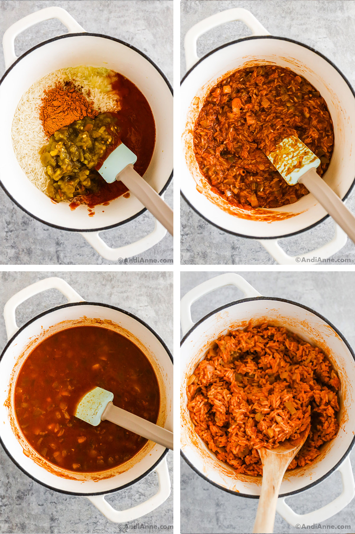 Four images of a white pot showing steps to make recipe. First is white rice, tomato sauce, green chilies, taco seasoning and onion. Second is cooked red colored rice in the pot. Tomato sauce liquid with ingredients in third image. Fourth is cooked taco rice with green chilies.