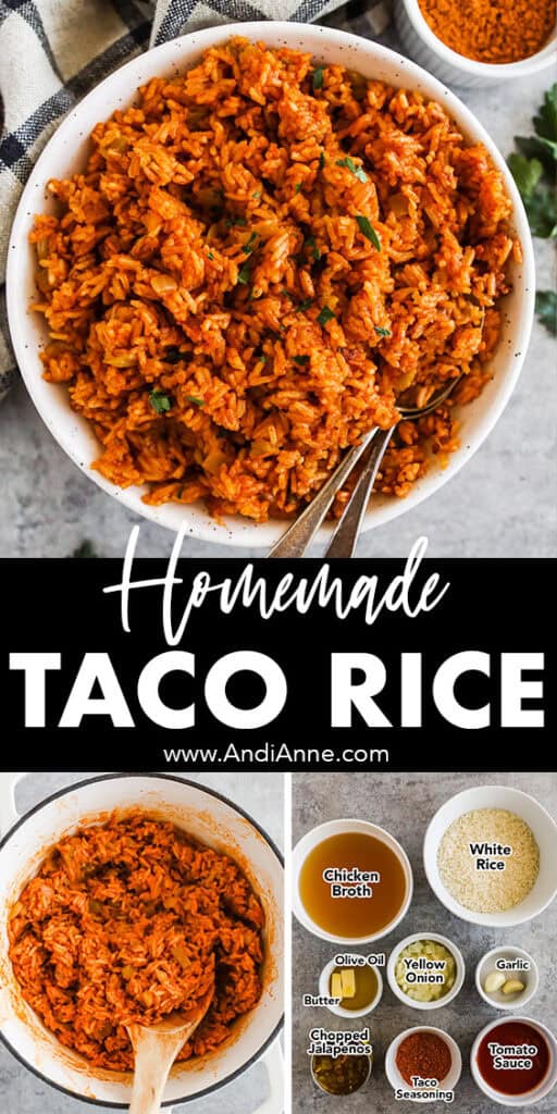 Homemade taco rice recipe with three images. First is white bowl with rice, second is white pot with rice, third is bowls of ingredients to make recipe.