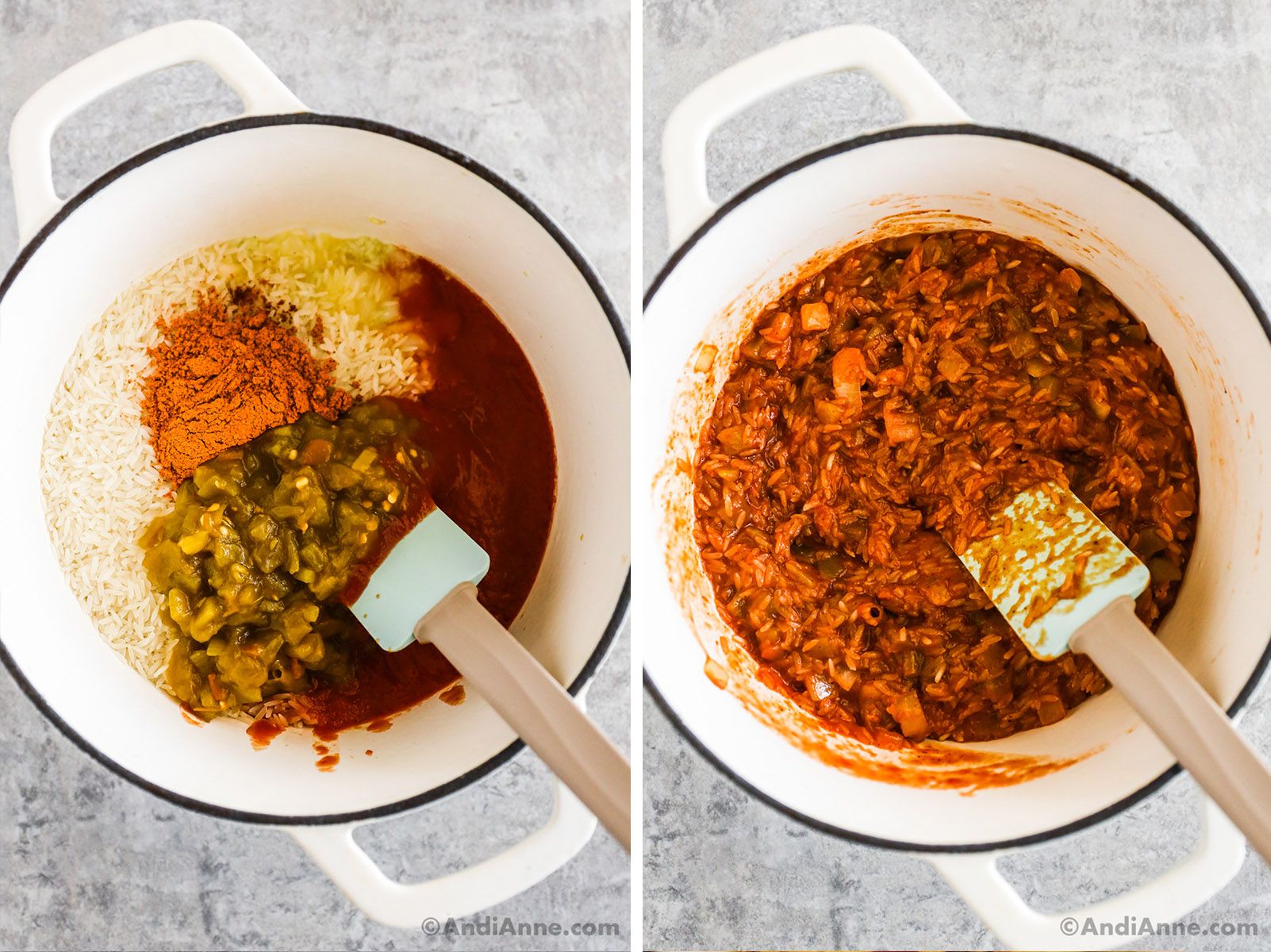 Two images of a white pot. First is rice, green chilies, taco seasoning and tomato sauce. Second is tomato sauce liquid with rice.