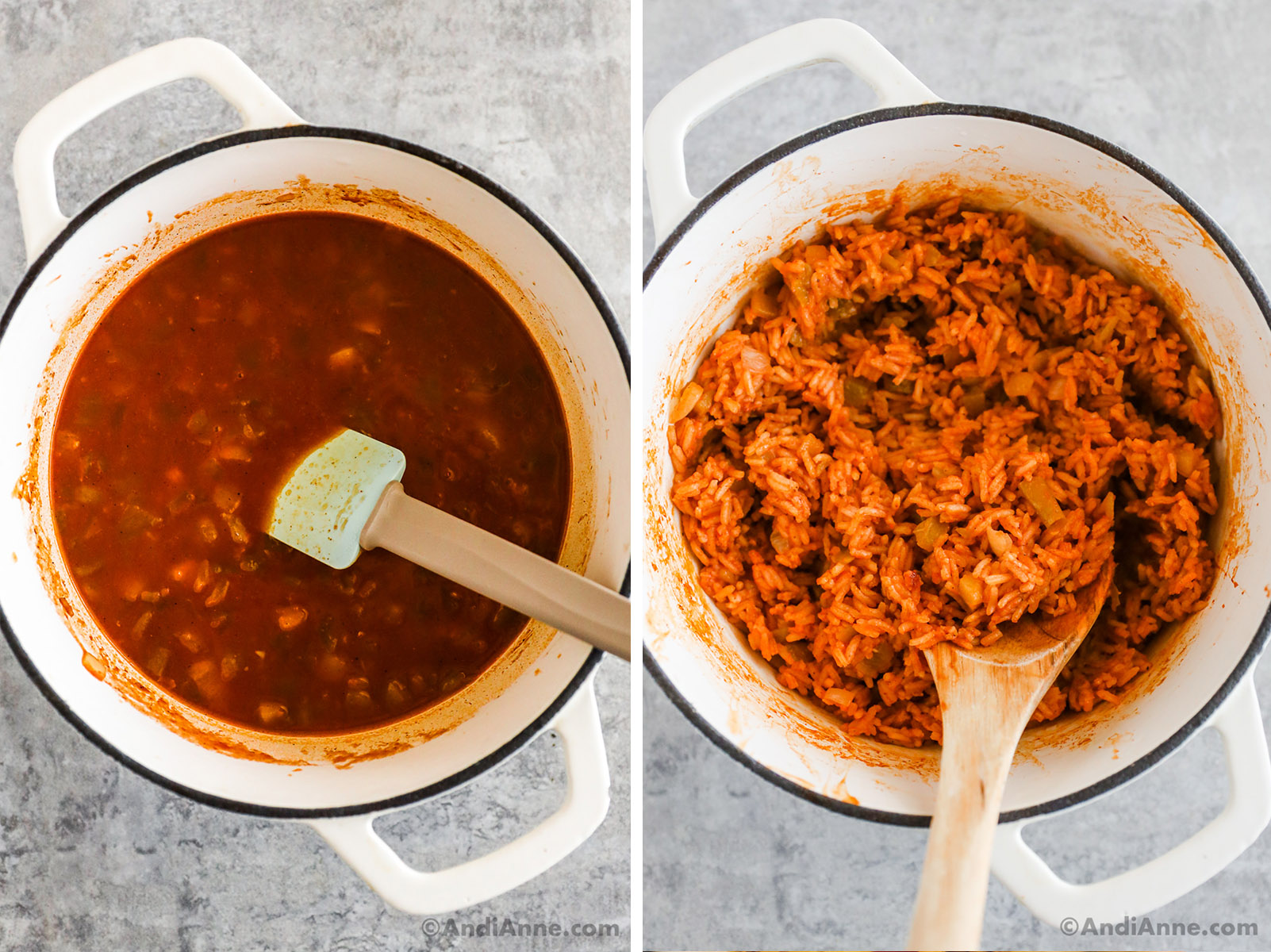 Two images of a white pot. First is red liquid with ingredients. Second is cooked taco rice in a white pot with a wood spoon.