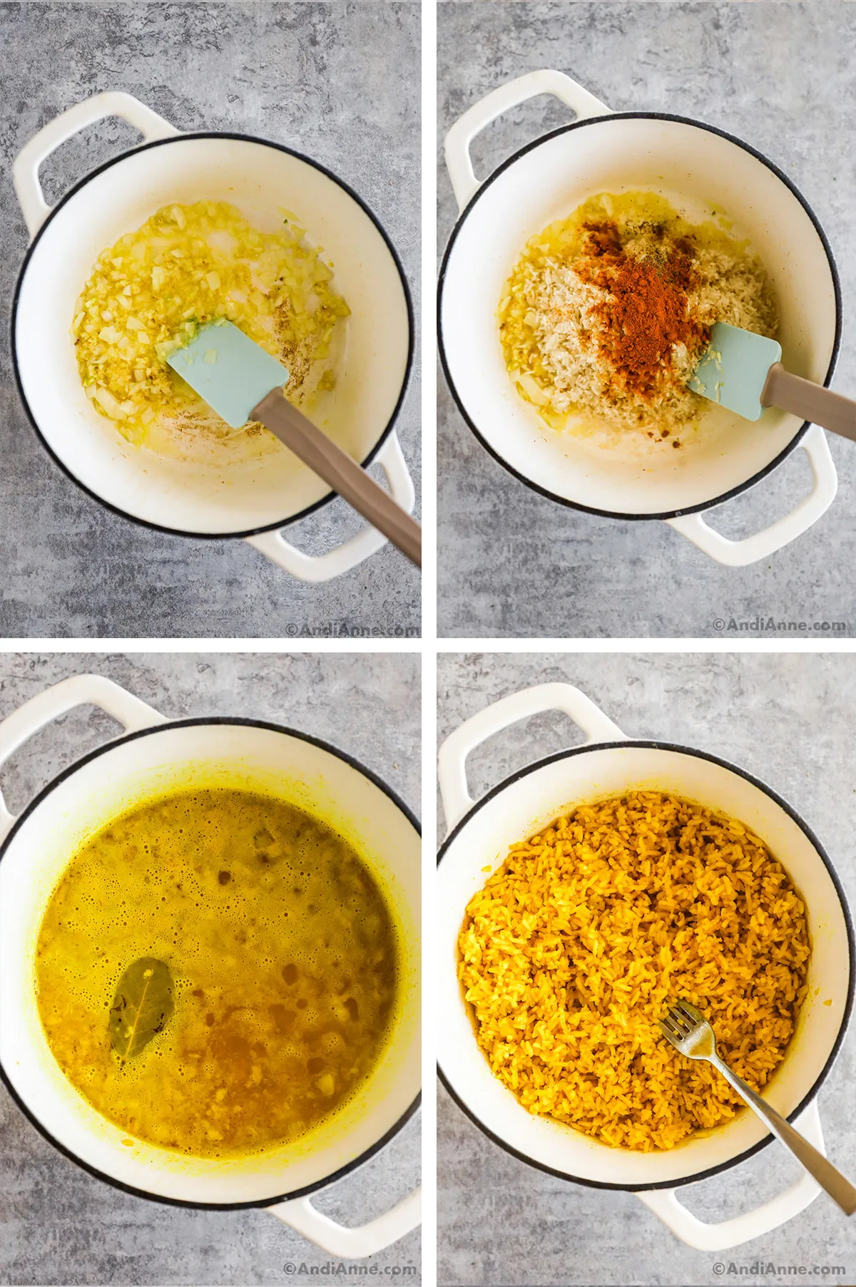 Four images together showing steps to make recipe. First is sauteed onion in a pot, second is rice and turmeric dumped on top. Third is yellow liquid with bay leaf in the same pot. FOurth is cooked yellow rice in white pot. 
