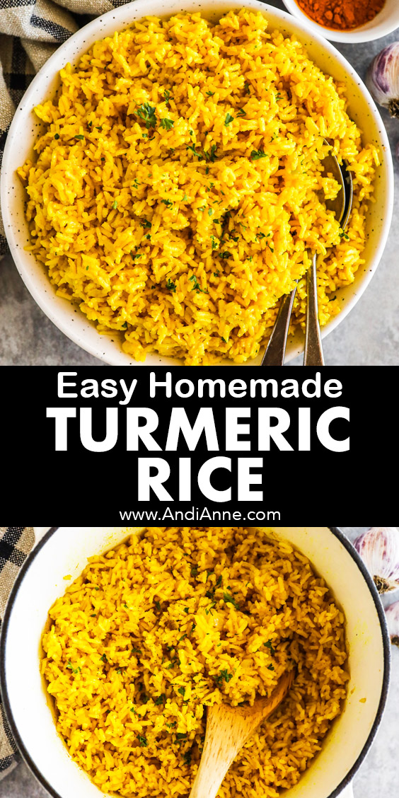 Easy homemade turmeric rice in a white serving bowl with a serving spoon.