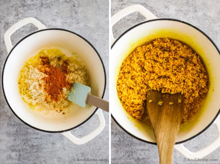 Turmeric powder and uncooked rice dumped into a pot and then mixed together.