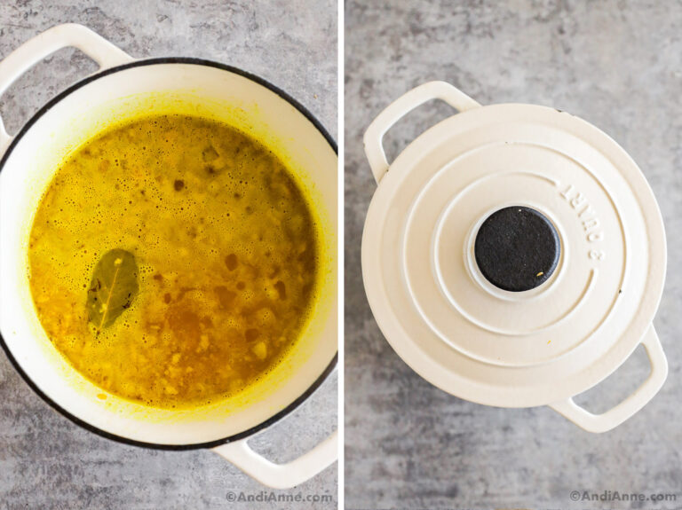 Two images of a white pot, first with yellow liquid and bay leaf with uncooked rice. Second is covered pot with a lid.