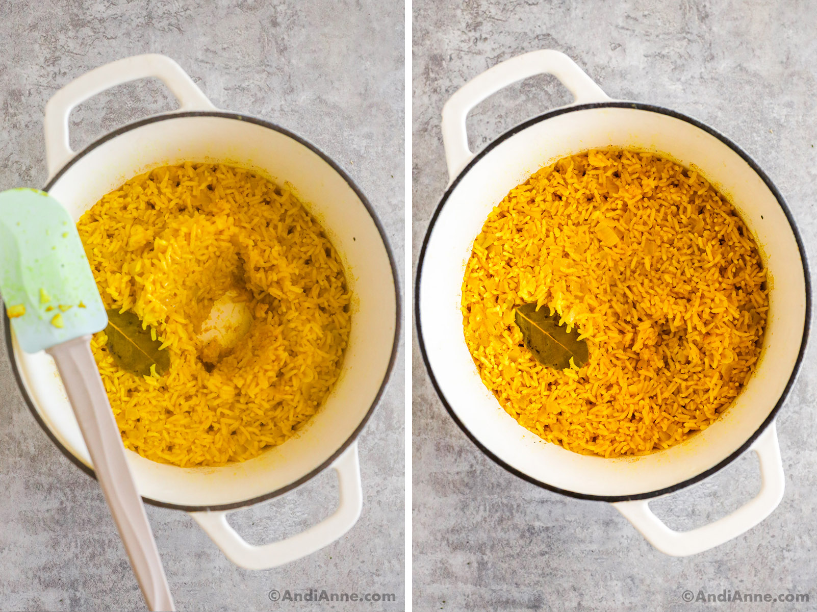 Two images of a white pot with yellow cooked rice, and a bay leaf. Rice is pushed to the side in one spot of the photo.