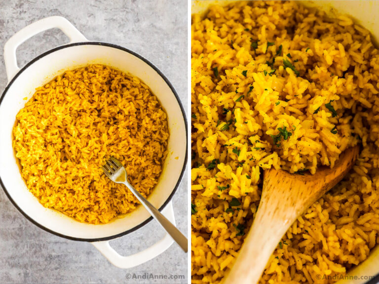 Two images, first is a white pot with cooked yellow rice and a fork. Second is close up of cooked yellow rice and a wood spoon.