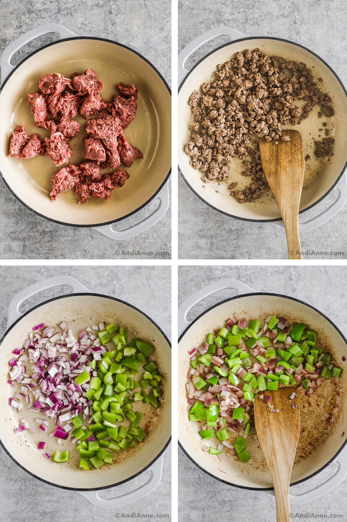 Four images combined. First two ground beef in pot, first raw, second cooked and crumbled. Third and fourth a pot with chopped onion and green bell pepper.