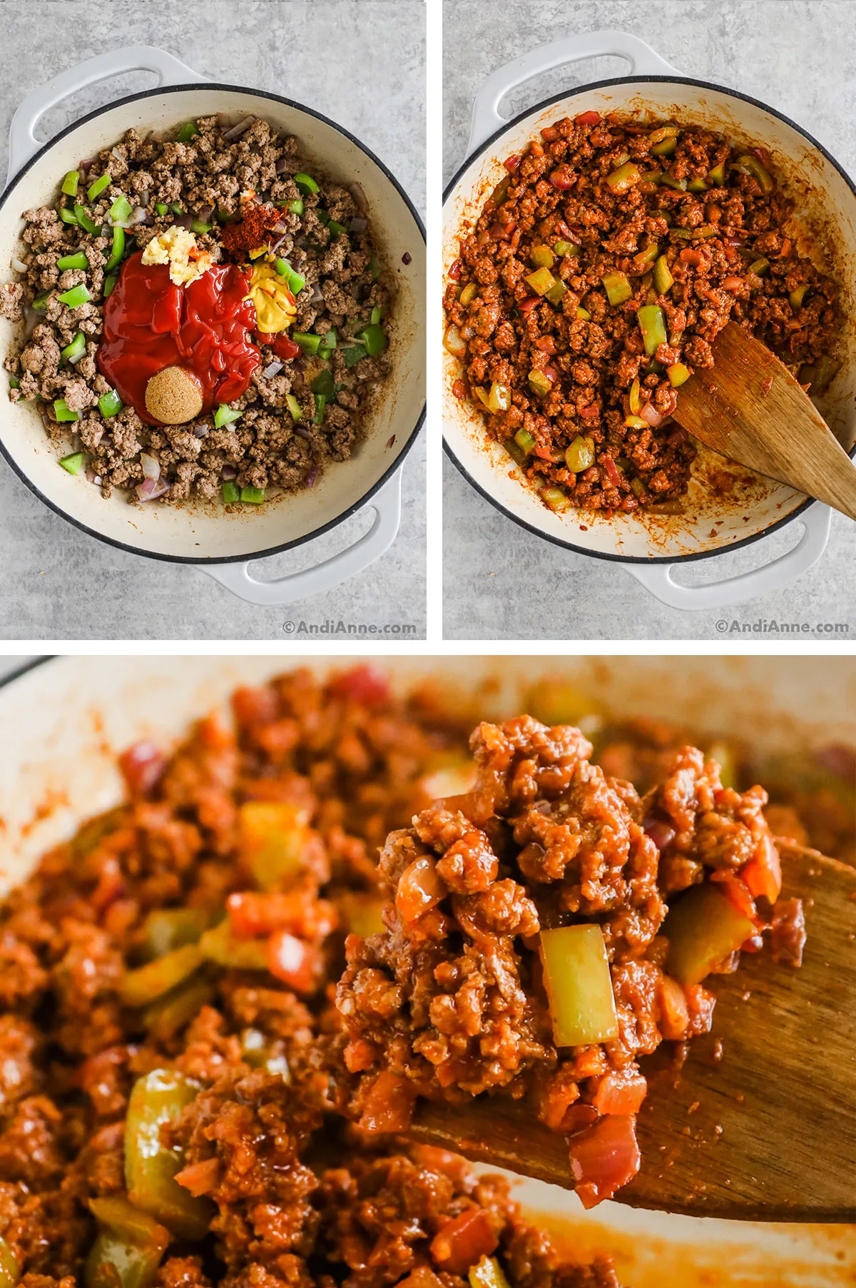 Three images combined. First two are ground beef with bell pepper, onion, and sauces dumped on top. Second is all ingredients mixed together in the pot. Third image is close up of ground beef mixture.