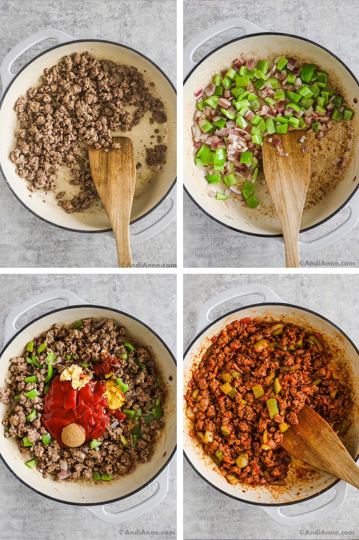 Four images of pan cooking ingredients for the recipe in steps. Including browning ground beef, sauteeing vegetables, Adding sauce ingredients, and final cooked sloppy joe mixture.