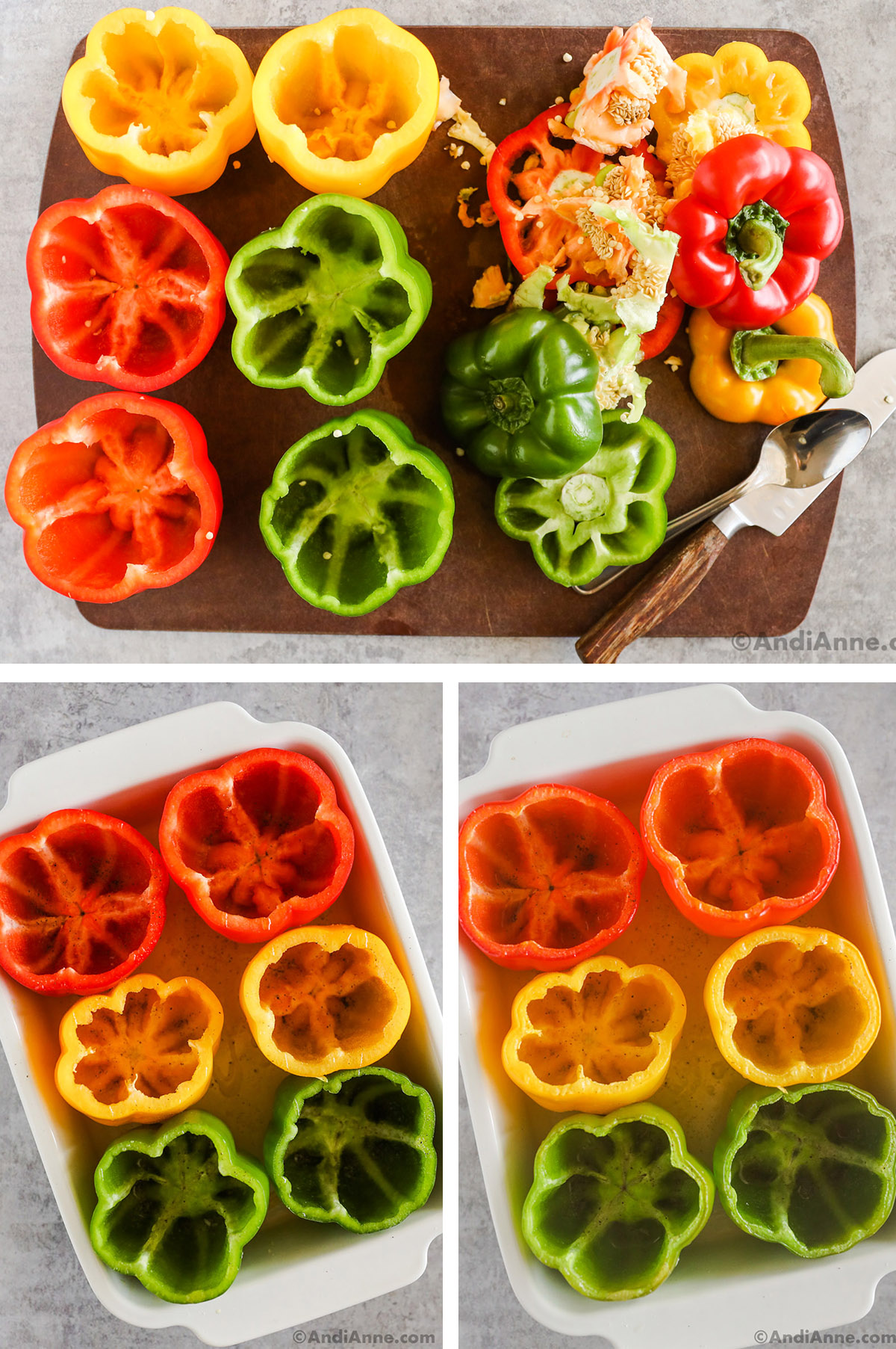 Bell peppers with top sliced off then placed in a casserole dish