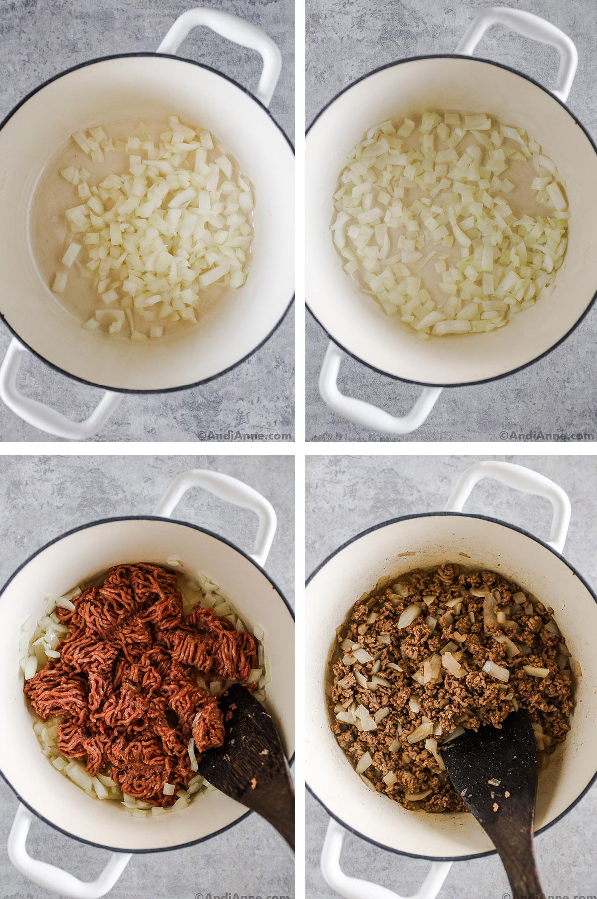 Four images of a pot. First two with chopped onion, second two with ground beef and onion, first raw then cooked.
