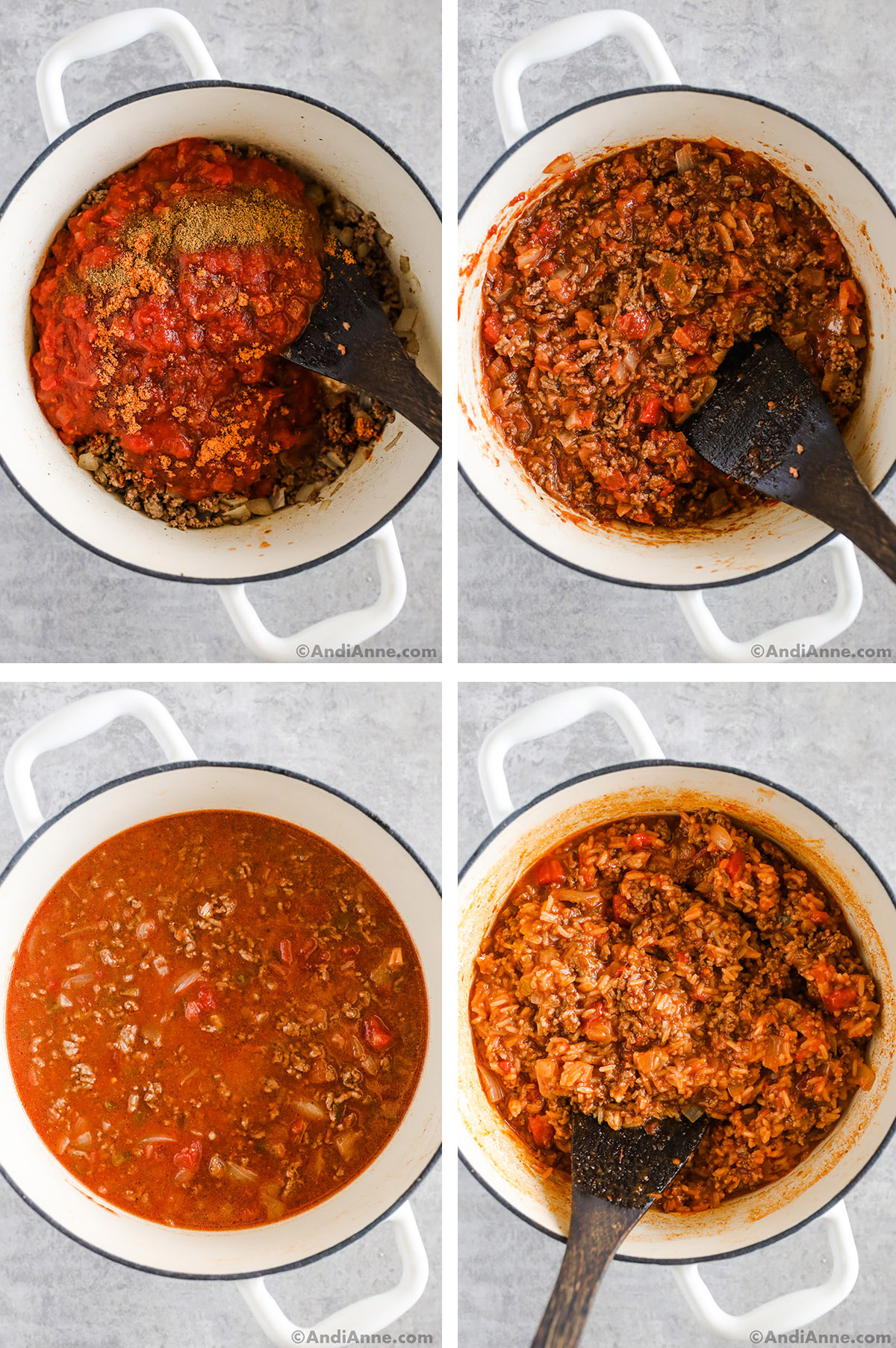 Four images of a pot with ground beef rice mixture with tomato sauce in various cooking stages