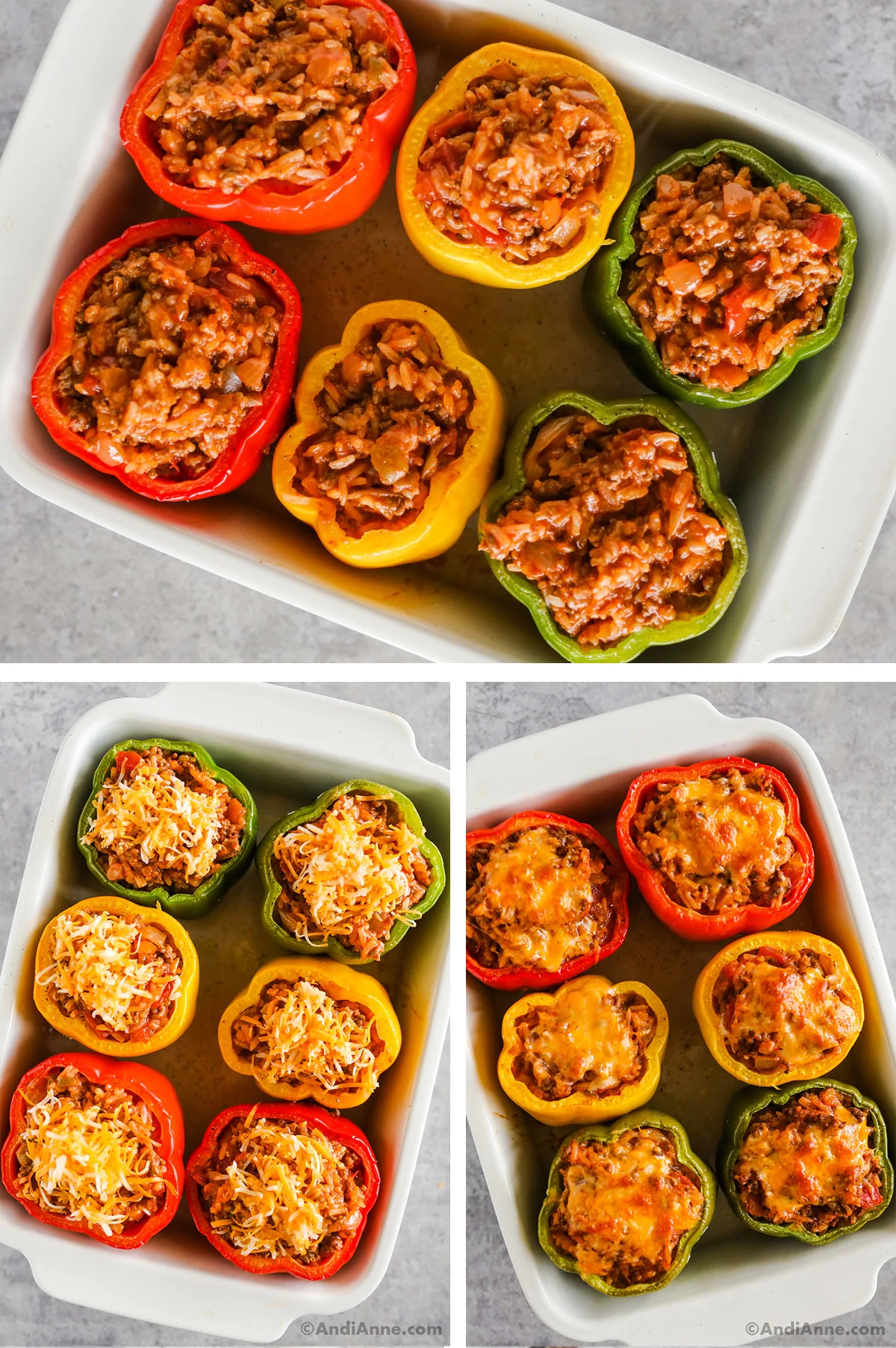 Three images of stuffed bell peppers in casserole dish. Topped with cheese and then melted cheese