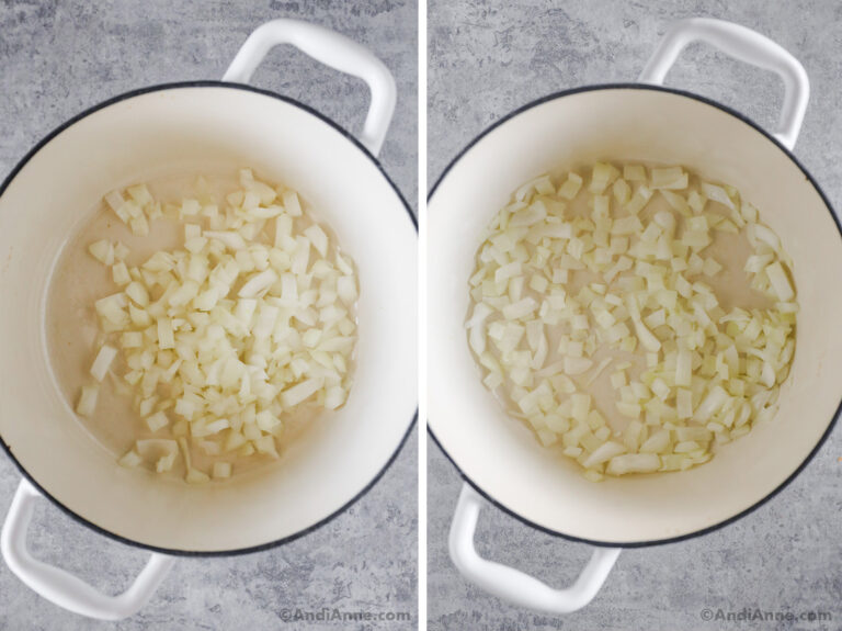 Two images of a white pot with chopped onion.