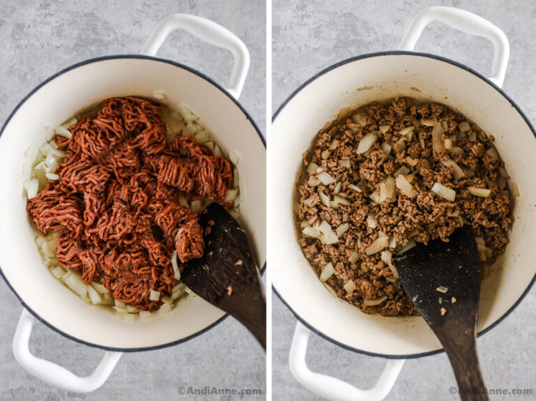Two images of a white pot, first is raw ground beef, second is cooked ground beef with onions.