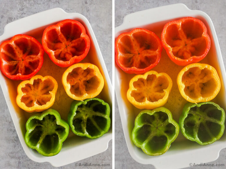 Two images of red, yellow and green bell peppers sliced in half in a white baking dish.
