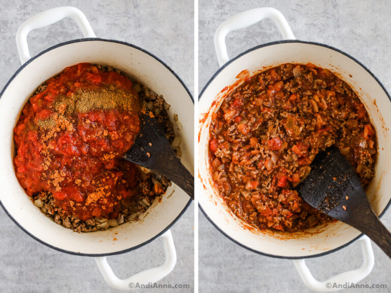 Two images of a white pot, first with various ingredients dumped in. Second with cooked ground beef mixture.