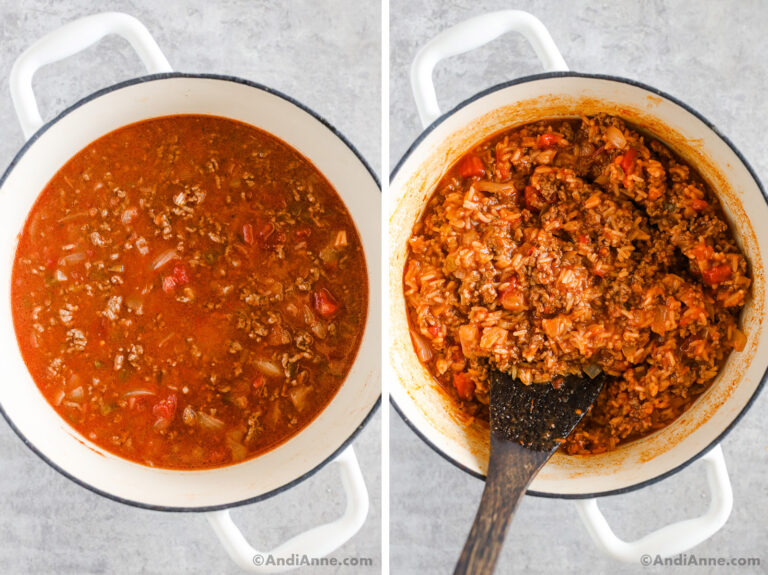 Two images of a white pot, first with red liquid and ground beef. Second with finished ground beef rice in red sauce mixture.