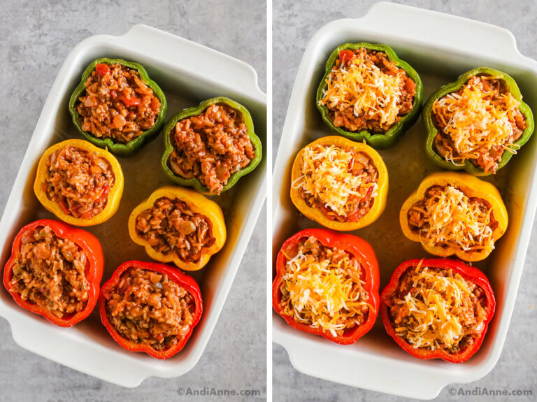 Two images of stuffed bell peppers in a white baking dish. First with ground beef mixture added, second with shredded cheese on top.