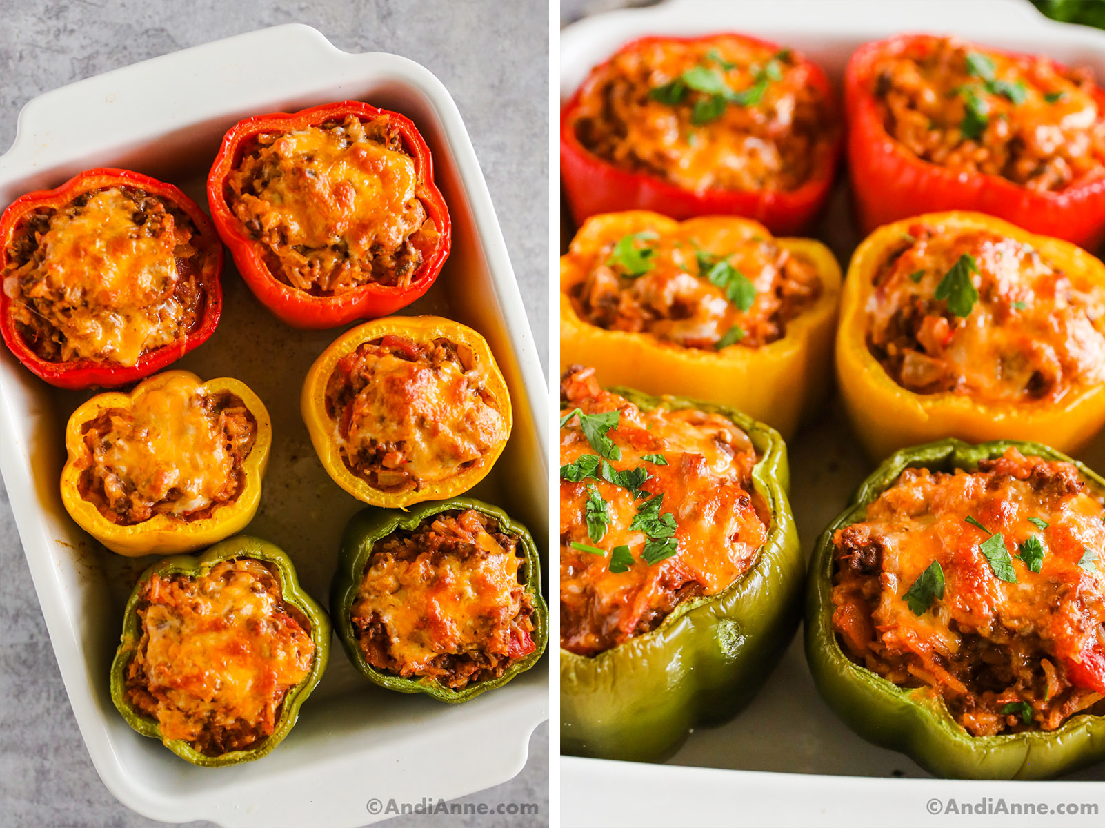 Two images of stuffed bell peppers in a white baking dish topped with melted cheese and chopped parsley.
