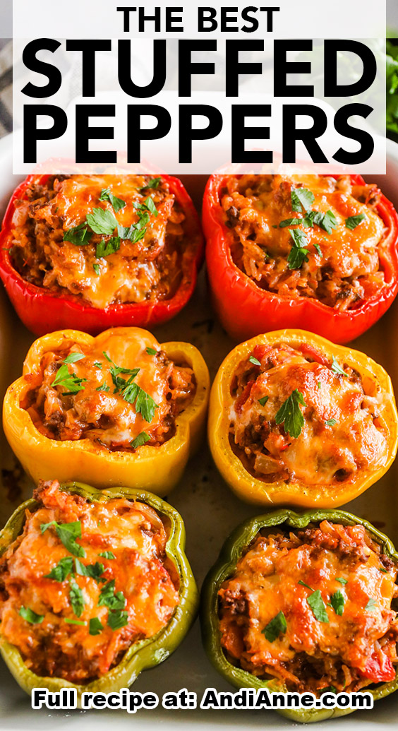 The best stuffed peppers recipe with green, red and yellow baked stuffed peppers topped with melted cheese.