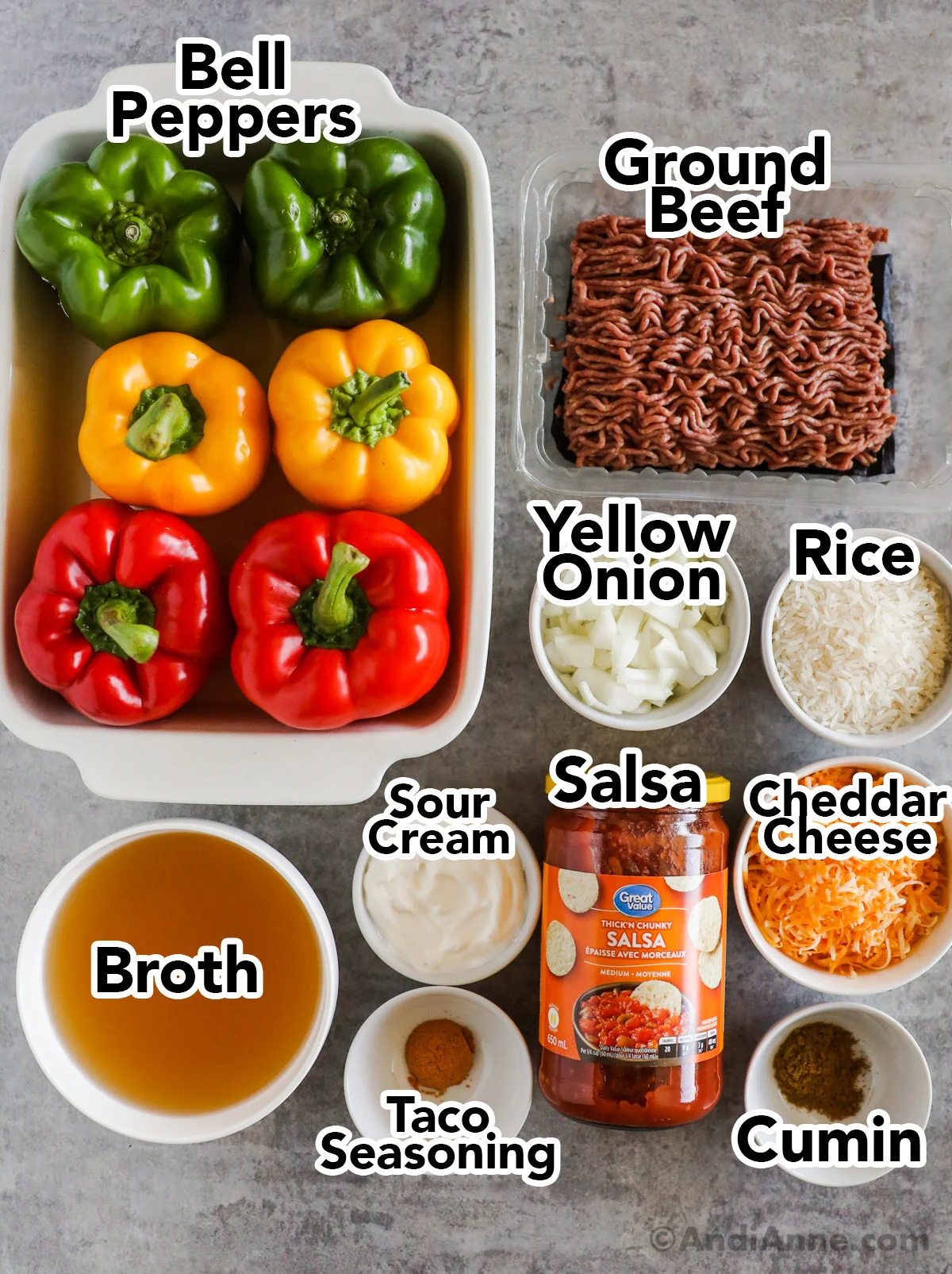 Recipe ingredients including bell peppers, broth, ground beef, chopped onion, rice, salsa, taco seasoning, cumin.